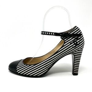 Chanel Mary Jane High Heels Pumps Black White Striped Cap Toe CC Logo 38.5 7.5 8